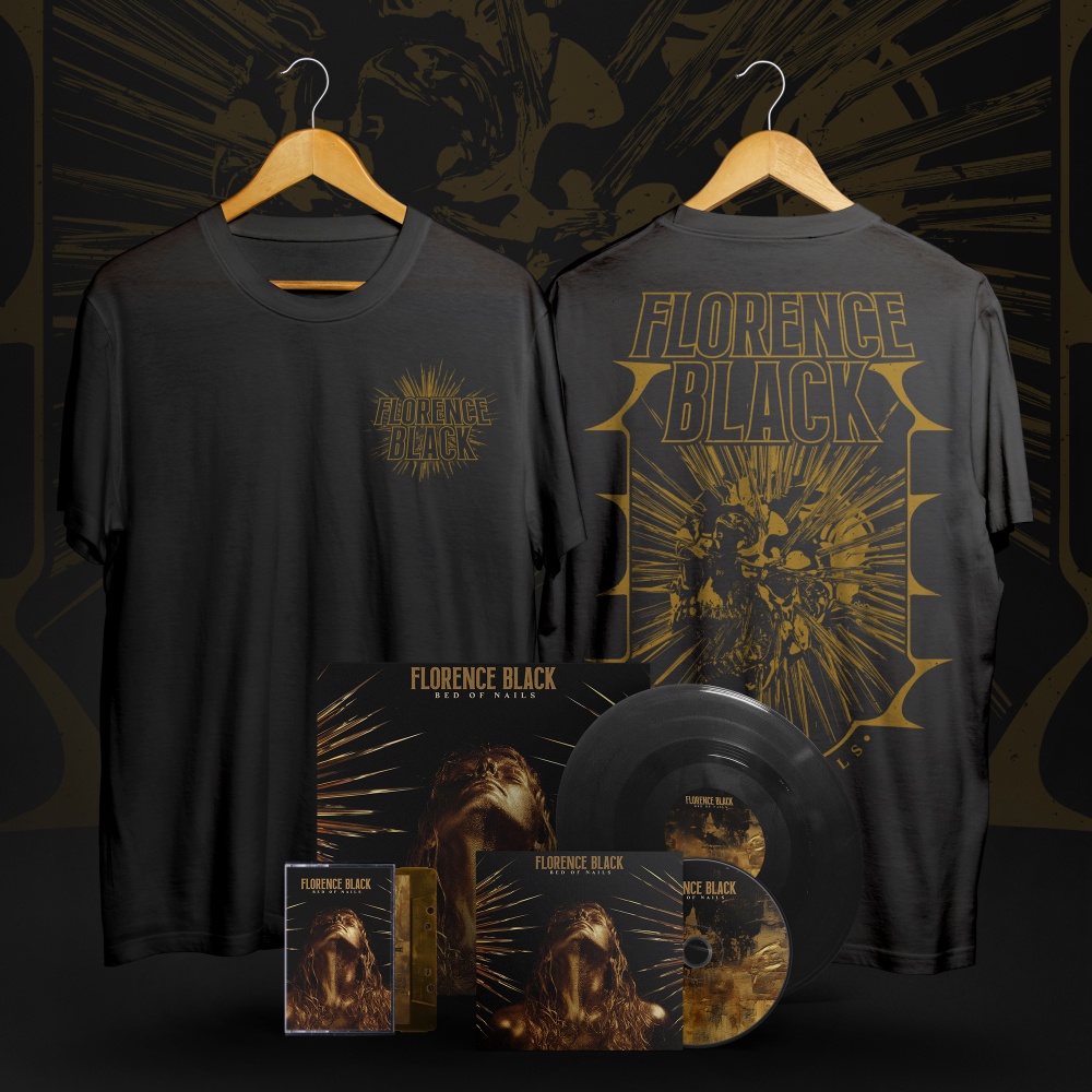 Florence Black - BED OF NAILS 12" VINYL ALBUM + CD ALBUM + GOLD CASSETTE ALBUM + T-SHIRT WITH EXCLUSIVE SIGNED PRINT - Image 1